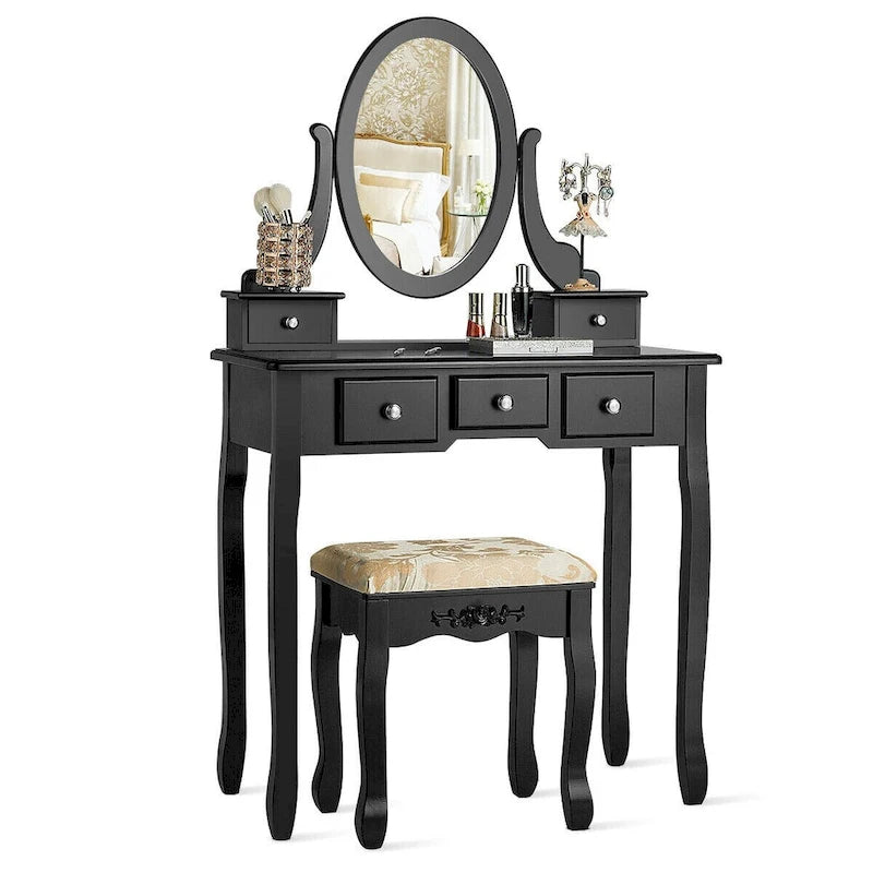 Coiffeuse avec miroir ovale et tabouret rembourré