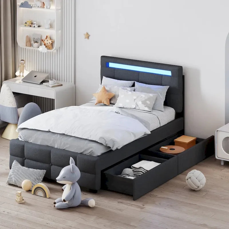 Lit plateforme tapissé de taille double avec cadre à DEL