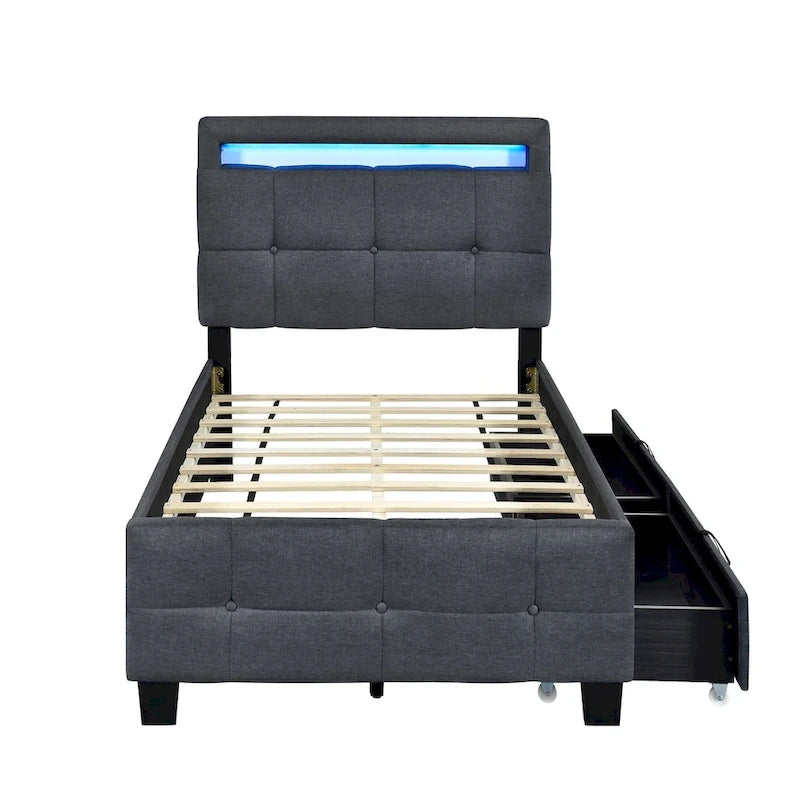 Lit plateforme tapissé de taille double avec cadre à DEL
