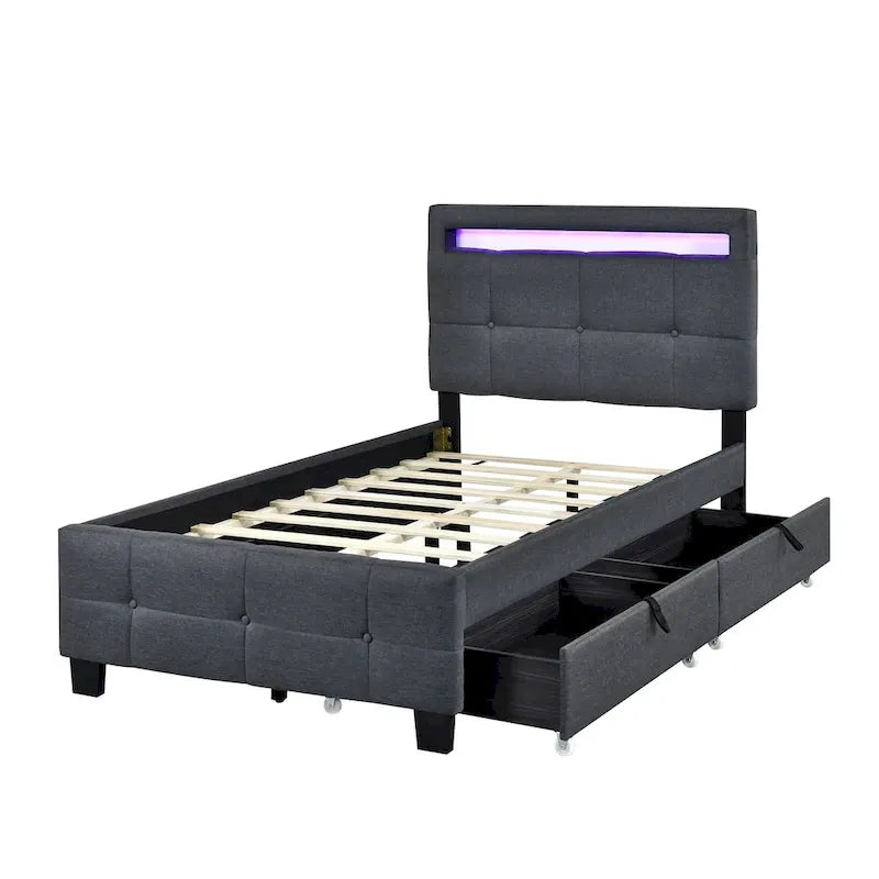 Lit plateforme tapissé de taille double avec cadre à DEL