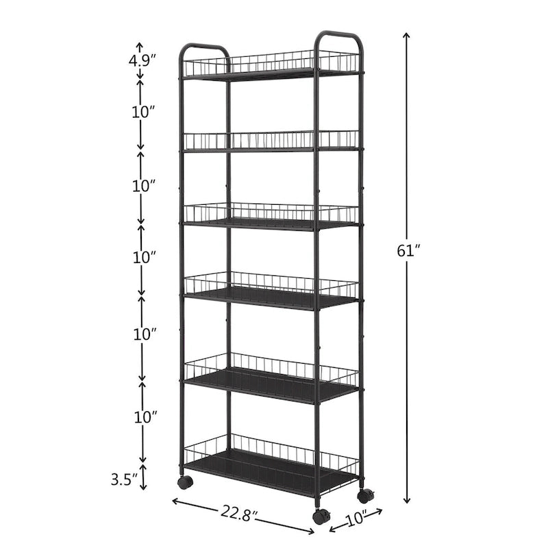Dessertes de rangement roulantes étroites à 6 niveaux avec roulettes