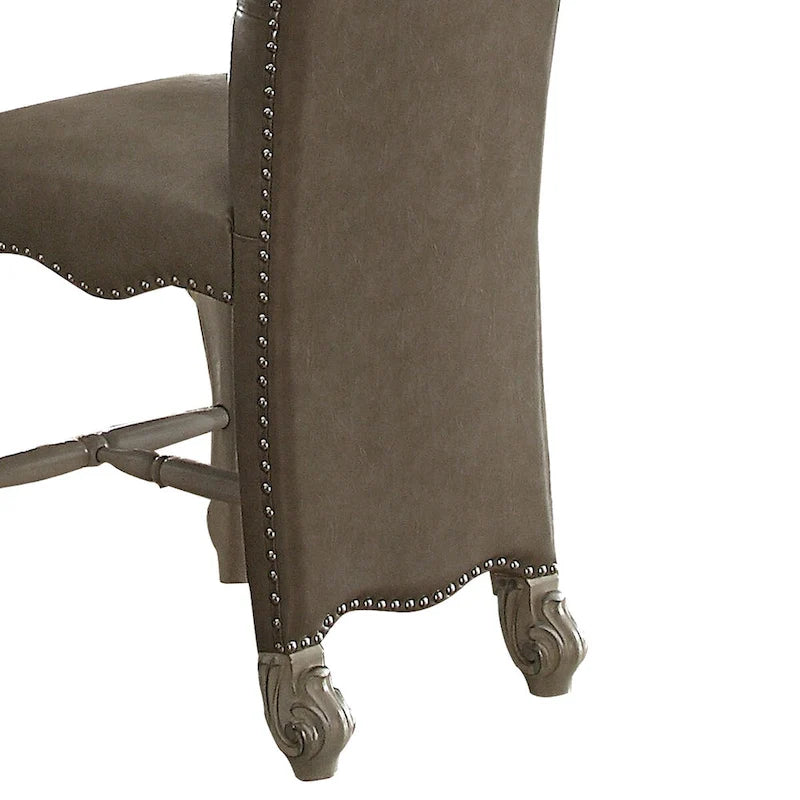 Chaise de comptoir en bois, garnie de similicuir avec clous décoratifs, grise et blanche