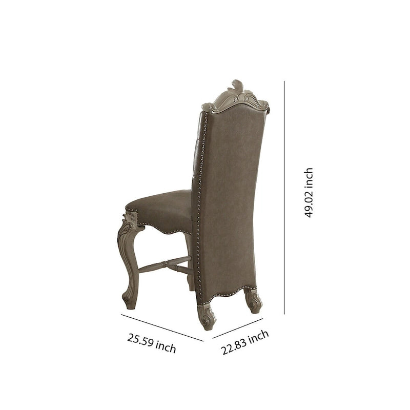 Chaise de comptoir en bois, garnie de similicuir avec clous décoratifs, grise et blanche