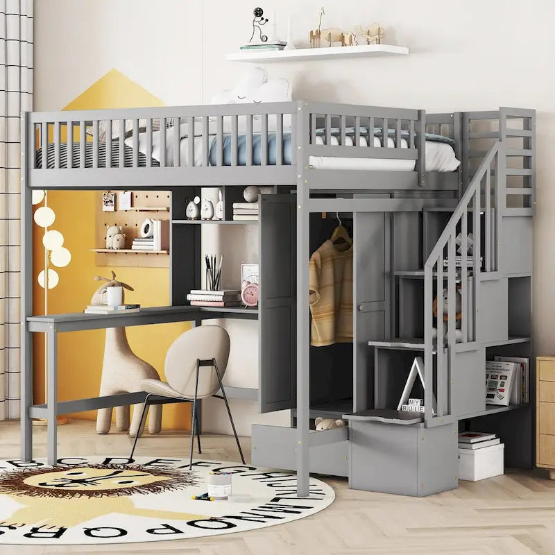 Lit mezzanine avec escalier, armoire, bureau, bibliothèque et tiroirs