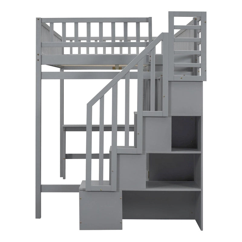Lit mezzanine avec escalier, armoire, bureau, bibliothèque et tiroirs