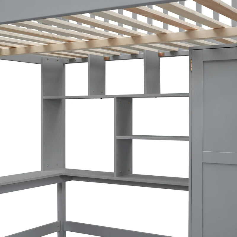 Lit mezzanine avec escalier, armoire, bureau, bibliothèque et tiroirs