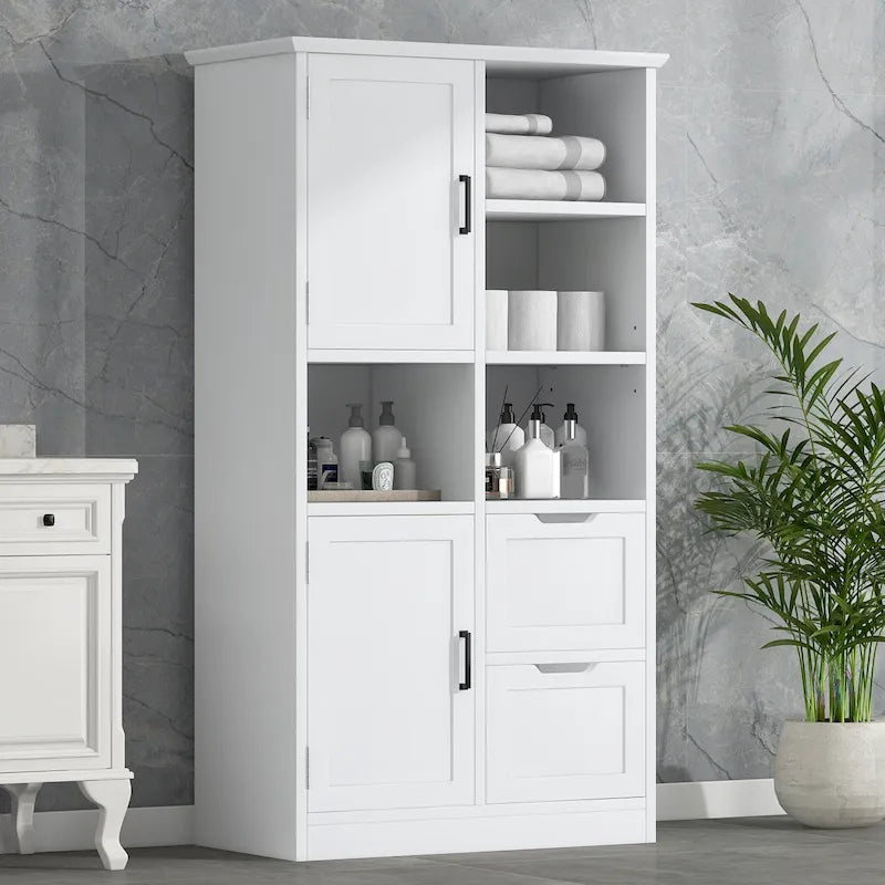 Meuble de Rangement Salle de Bain avec 2 Portes, 2 Tiroirs et Étagère Réglable