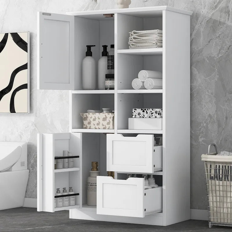 Meuble de Rangement Salle de Bain avec 2 Portes, 2 Tiroirs et Étagère Réglable