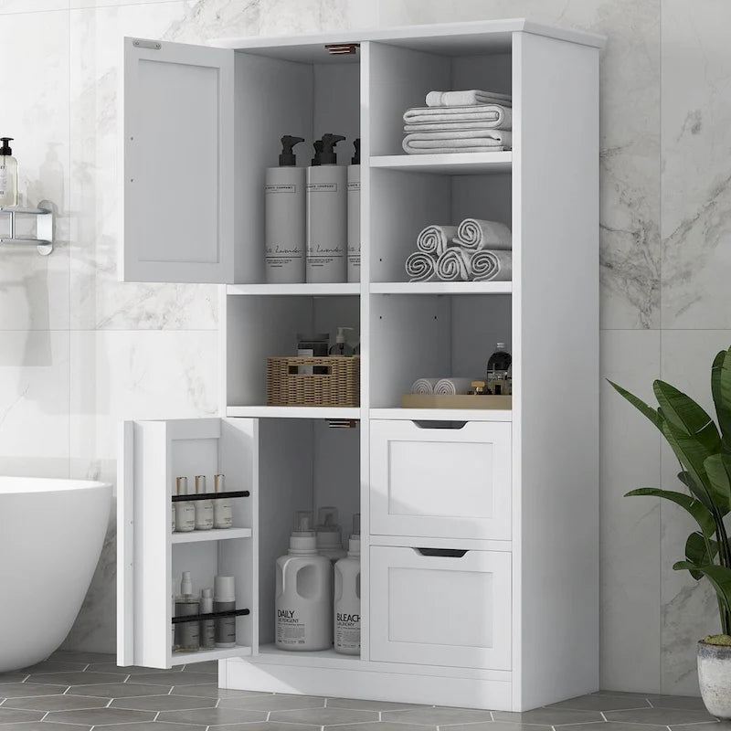 Meuble de Rangement Salle de Bain avec 2 Portes, 2 Tiroirs et Étagère Réglable