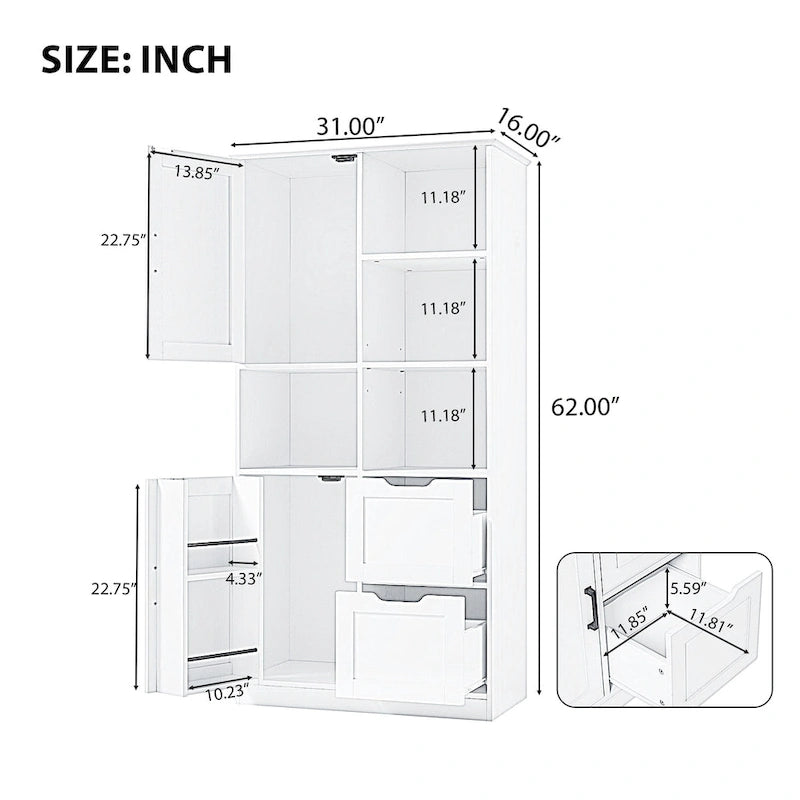 Meuble de Rangement Salle de Bain avec 2 Portes, 2 Tiroirs et Étagère Réglable